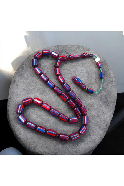 Maroon Blue Capsule Cut Rosary Made of Camphor Wood