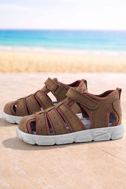 Genuine Leather Brown Suede Velcro Boys' Sandals