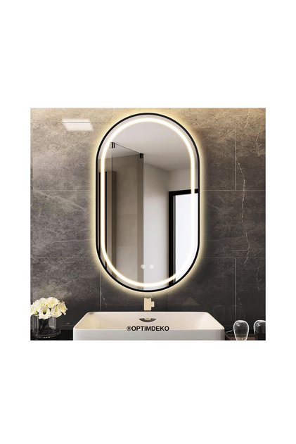 Oglinda Baie LED Ovala E15s/60x100 cm, cu Rama neagra, Aprindere cu touch, Functie dezaburire