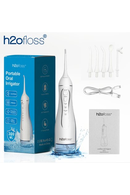 WHITE H2ofloss Water Flosser 300ml Oral Irrigator 140PSI with Gravity Ball Design 5 Modes 5 Tips USB