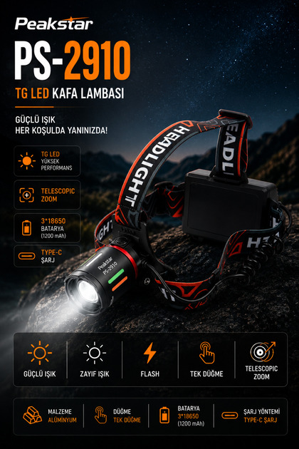 PeakStar PS-2910 3000 Lümen Şarjlı Profesyonel Zoomlu 30W Kamp