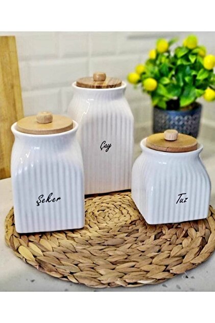 Kitchen Pembelia 3'lu Porselen Çay Şeker Tuz Saklama Kavanoz Seti