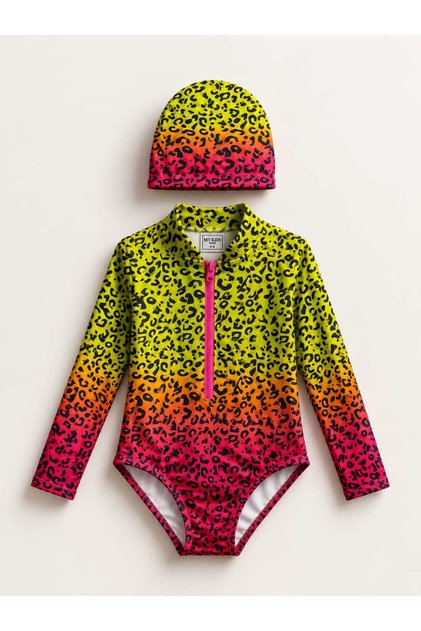 Girl's Uv Protection Long Sleeve Zipper Swimsuit Set 12784