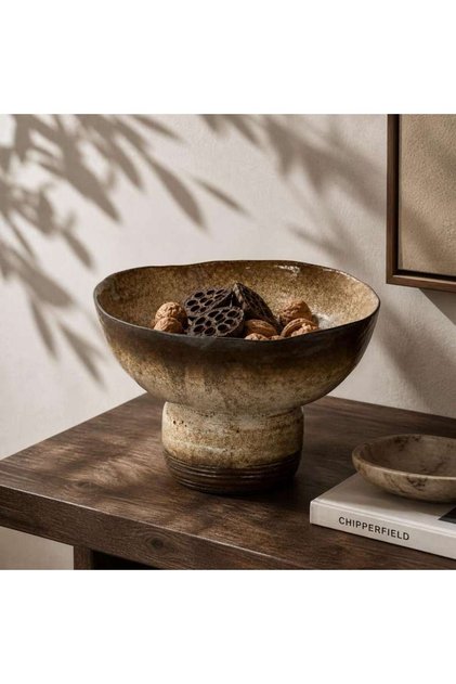 Strata Ceramic Pedestal Bowl 33.5x33.5x23.5cm - Beige