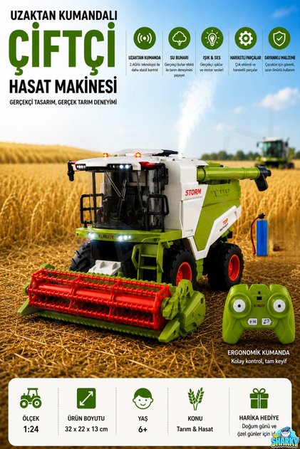 Oyuncak 2.4GHz Uzaktan Kumandalı Buharlı Biçerdöver 6 Kanallı Şarjlı Işıklı 1:24 Ölçek Çiftlik Tarım Makinesi