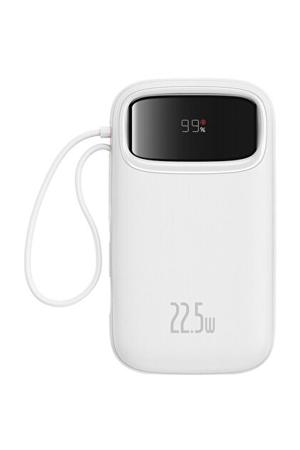 Baterie externa Qpow2, 10.000 mAh, cablu dual USB-C si Lightning incorporat, Incarcare rapida, 22.5W, Digital Display Alb