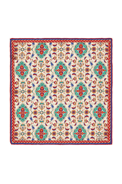 Ecru Turquoise Tile Tulip Pattern Silk Handkerchief