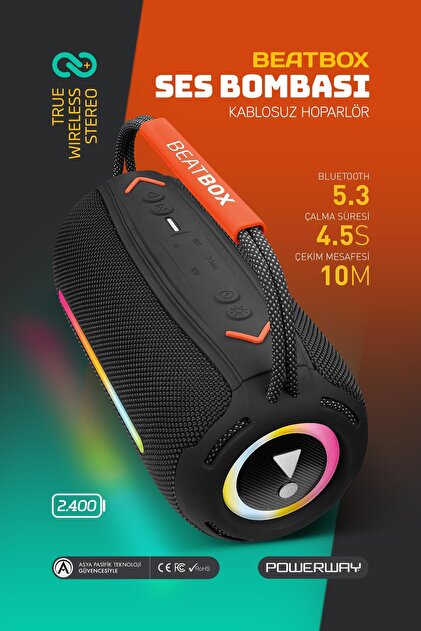 BeatBox Siyah Led Işıklı Dayanıklı Ses Bombası Usb Sd Aux FM Radyo Bluetooh Hoparlör