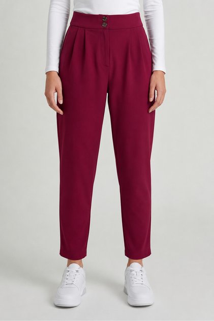 Burgundy High Waist Double Button Pocket Carrot Cut Pleated Women's Trousers
