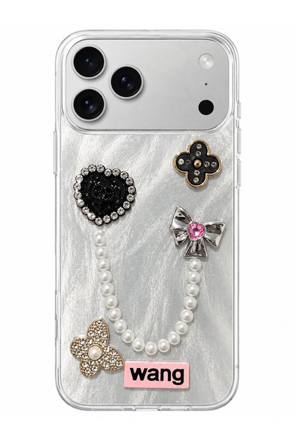 iPhone 17 Pro/18 Pro Rhinestone Case with Pearl Pendant Detail, Marbling Effect 3D Heart and Motif Charm Cover