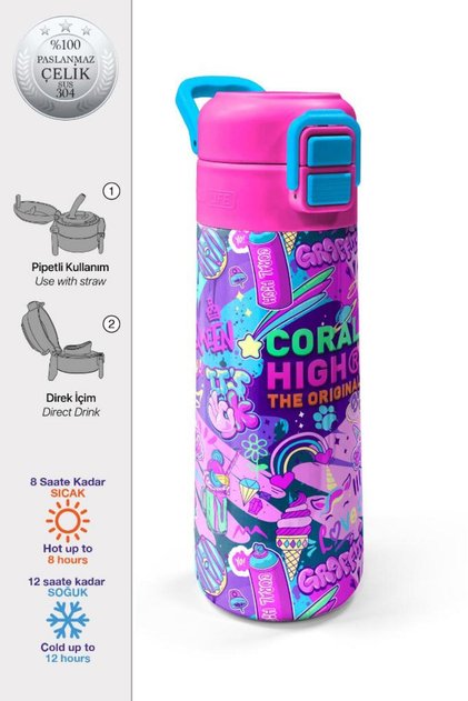 Kids Grafiti Desenli Pipetli ve Direkt İçim Çelik Termos 500 ml 31961