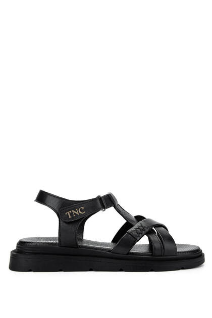 Women's Genuine Leather Black Leather Flat Sandals