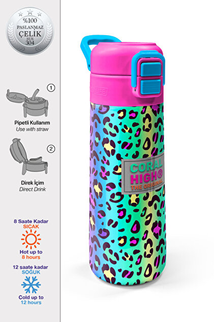 Kids Colorful Leopard Patterned Stainless Steel Thermos with Straw and Drinking Pole 500 ml 31985