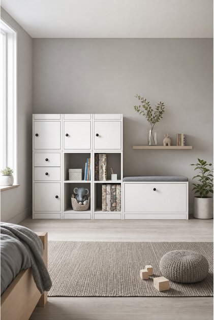 Modern Beyaz Çocuk Odası Düzenleyici Seti - Kapaklı ve Çekmeceli Oyuncak Dolabı NRG-ÇO-D-1001