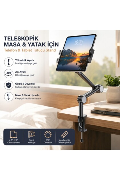 Teleskopik Masaüstü ve Yatak Bazası için Telefon ve Tablet Tutucu Stand, Yükseklik ve Açı Aya