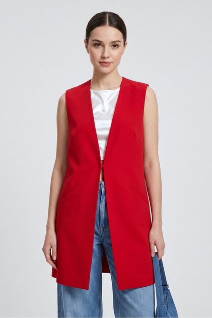 Women's V-Neck Agraf Closure Relaxed Fit Woven Long Vest with Pockets