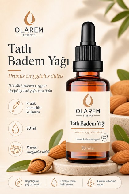 Badem Yağı (Prunus dulcis) Soğuk Sıkım Sabit Yağ 30 ml Damlalıklı Cam Şişe