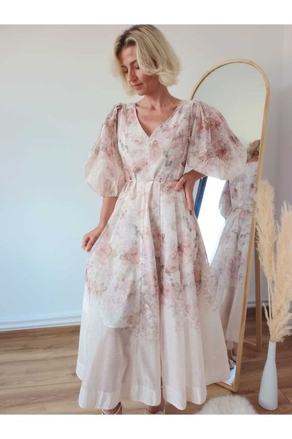 Rochie lunga, imprimeu floral, maneci bufante