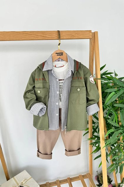 My Little Boy's Striped Shirt with Linen Jacket, 4-Piece Set - Green