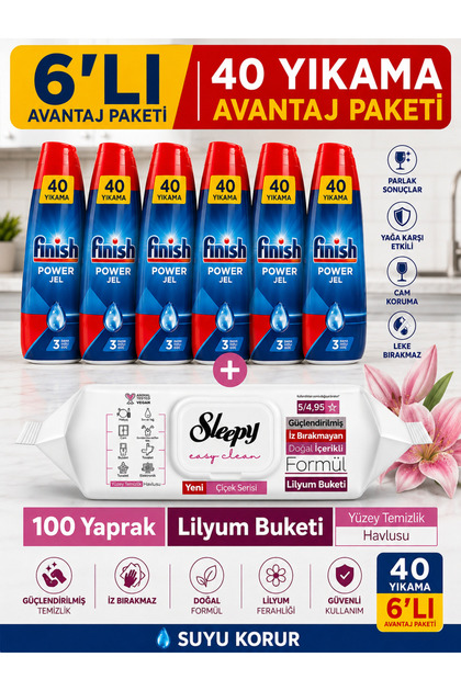 Hepsi Bir Arada Bulaşık Makinesi Deterjanı Jel Sıvı 1000 ml X 6 ADET 40 Yıkama+ Sleepy Lilyum 100 lü ıslak havlu