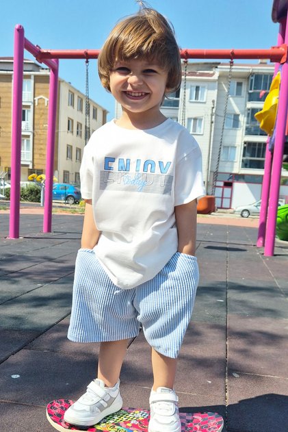Boy's Shorts Set with Lettering Printed Shorts and Lacing Accessories, Ages 1.5-5, Ecru