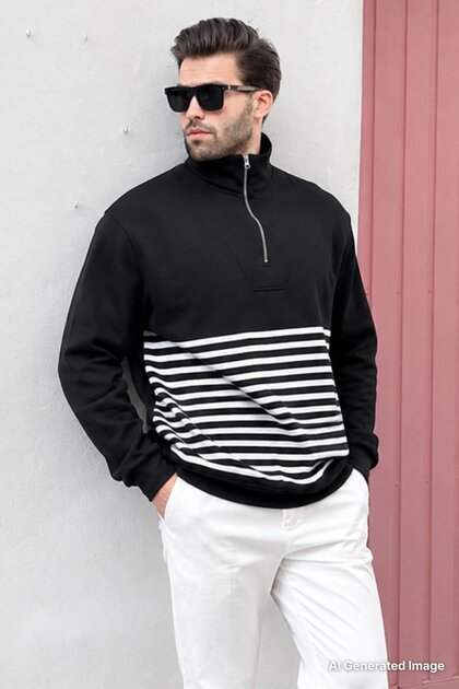 Schwarzes gestreiftes Sweatshirt mit Reißverschlusskragen 7056