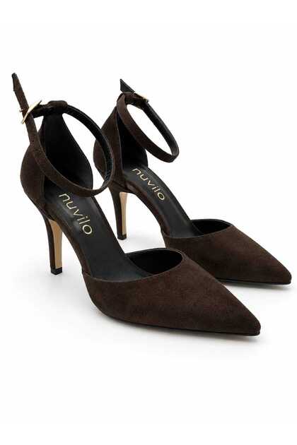 Brown Suede 8.5 cm Belted Pointed Toe Stiletto Thin Heels Women's Shoes