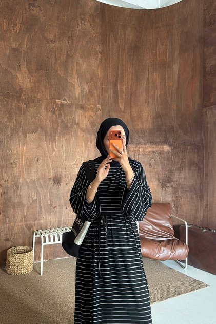 Striped Cotton Hijab Dress Women's Summer Oversize Comfortable Fit Belted Long Dress