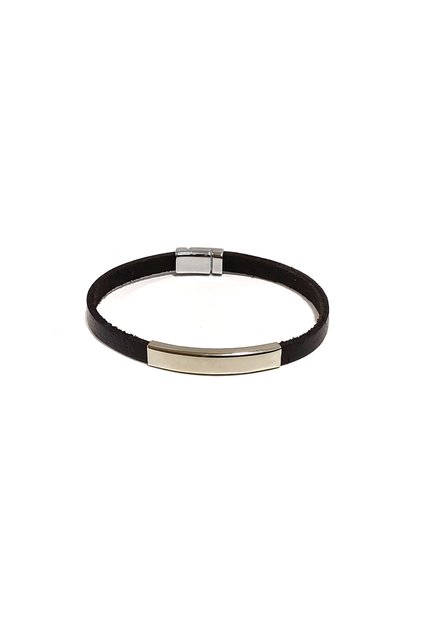 Black Leather Unisex Bracelet with Metal Plate Detail – Minimal and Modern Design, One Size