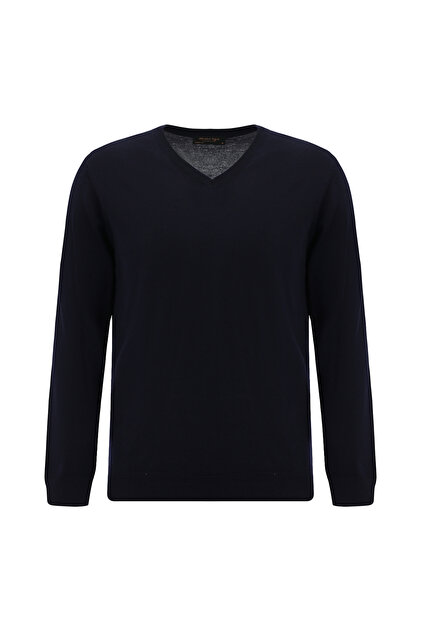 V-Neck Regular Fit Embroidered 100% Wool Knitwear Sweater