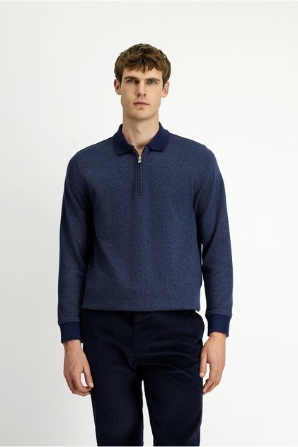 Polo Neck Regular Fit Patterned Zippered Cotton Sweatshirt