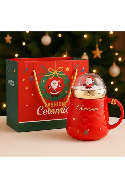 Cană cadou tematică de Crăciun din ceramică, cu capac în formă de glob de zăpadă și mâner, ușor de curățat, material durabil, festiv.