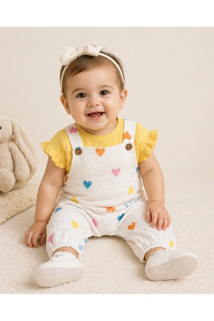 Hearted Muslin Salopet Set – Summer Baby Girl 2-Piece Romper Set