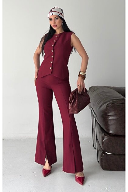 Women's Designer Vest with Slit Legs in Burgundy