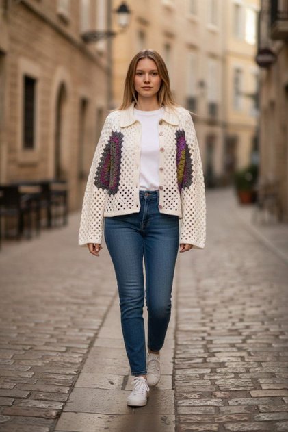 Crocheted White Hand Knitted Women's Cardigan with Motifs