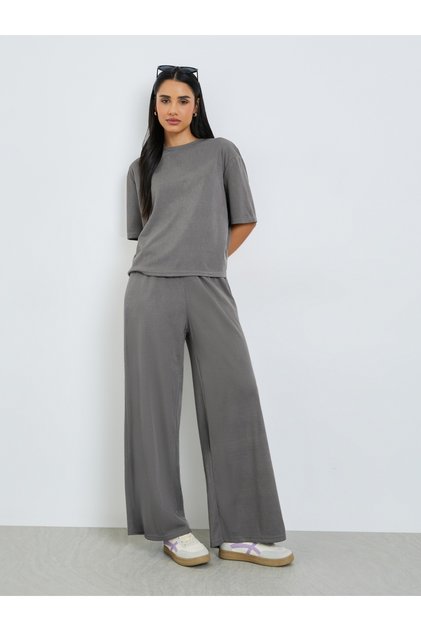 Charcoal Ribbed T-Shirt and Wide Leg Joggers Co-Ords