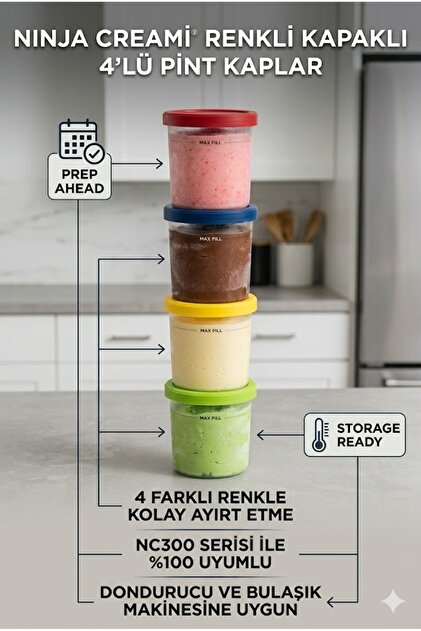 NINJA CREAMi Uyumlu Renkli Kapaklı Dondurma Kabı 4'lü Set (NC300