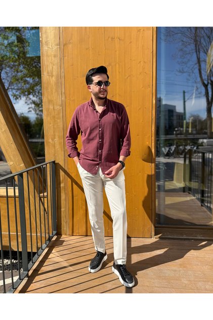 Erkek %90Pamuk %10 Keten Gömlek Smart Casual