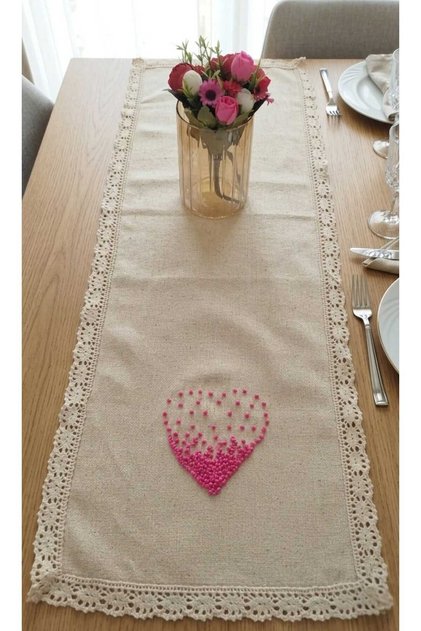 100% Handmade Embroidered Vintage Laced Natural Linen Fabric Heart Themed 30X90 cm Runner