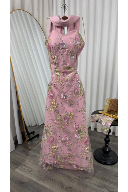 Pink Evening Dress with Tassels
