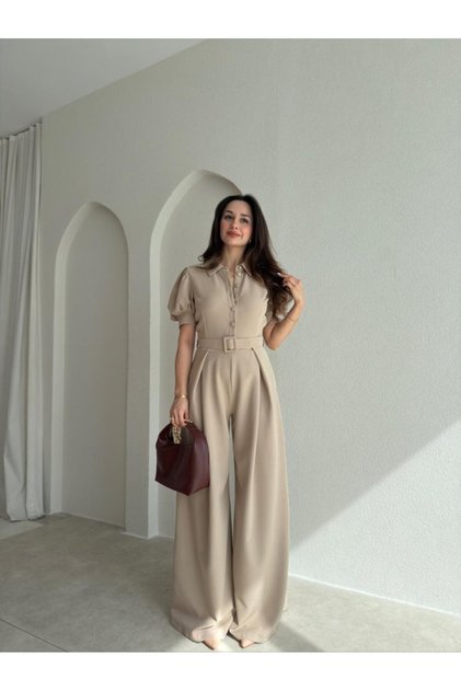 Gömlek Yaka Karpuz Kol Kemerli Geniş Paça Tulum 5004
