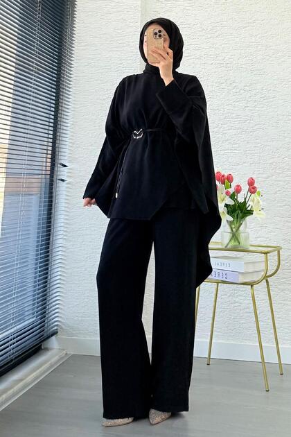 MELEK ARAZ Premium Pul Detaylı Kimono İkili Takım – Siyah - Fiyatı