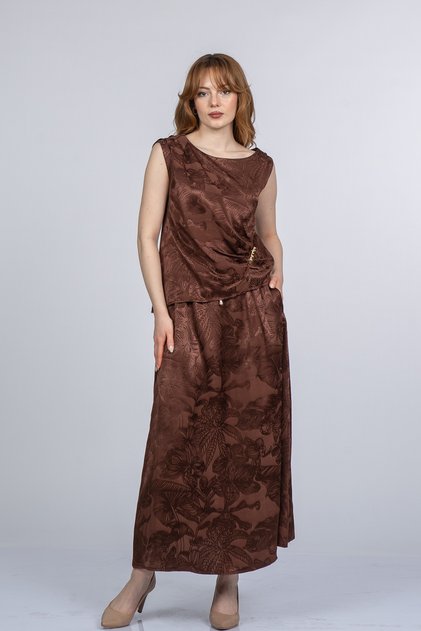 Women's Summer Coffee Roselle Pleated Shoulder Detailed Blouse and Skirt Set Stylish Daily Comfortable 1320