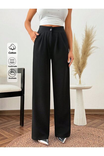 Pleated Black Palazzo Pants - High Waist Fabric