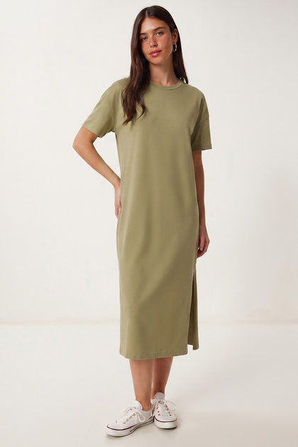 Slit Basic Summer Knitted Dress Lrn0050 Khaki