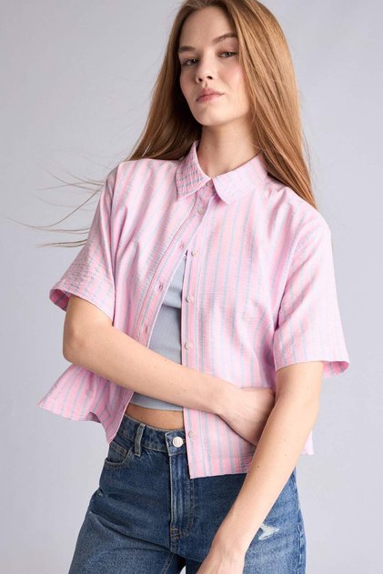 Boxy Fit Shirt Collar Short Sleeve Pink Shirt H6251Ax26Sm
