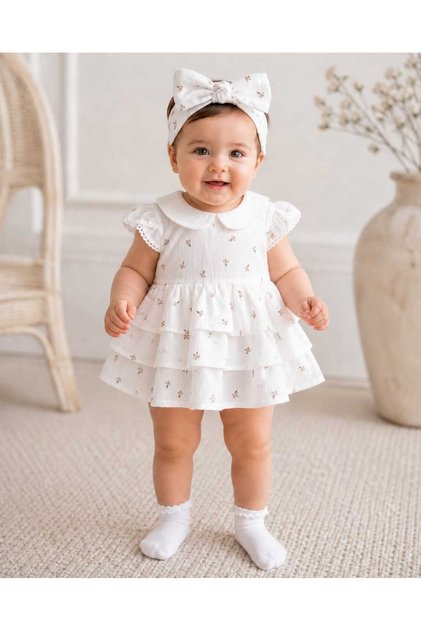 Baby Girl Floral Patterned Ruffle 100% Cotton Dress with Headband