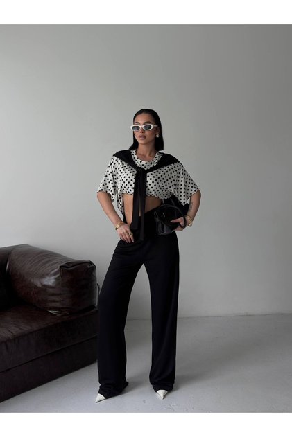 Black Polka Dot Modal Track Suit with Scarf Detail