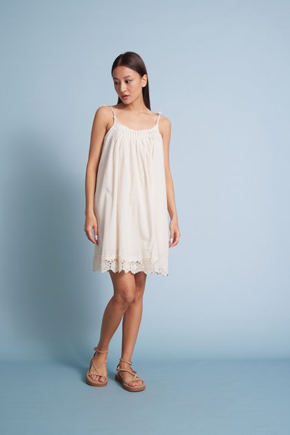 Pleated and Lace-Detail Short Dress Natural