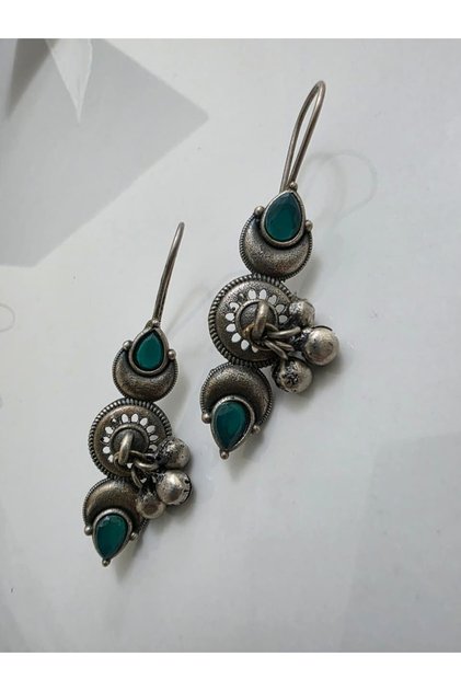 Vintage Oxidized Dangle Earrings with Green/Pink Stone & Bell Accents